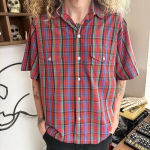 Vintage 50s 60s Homemade Plaid Single Stitch S/S Button Down ~ Size XL